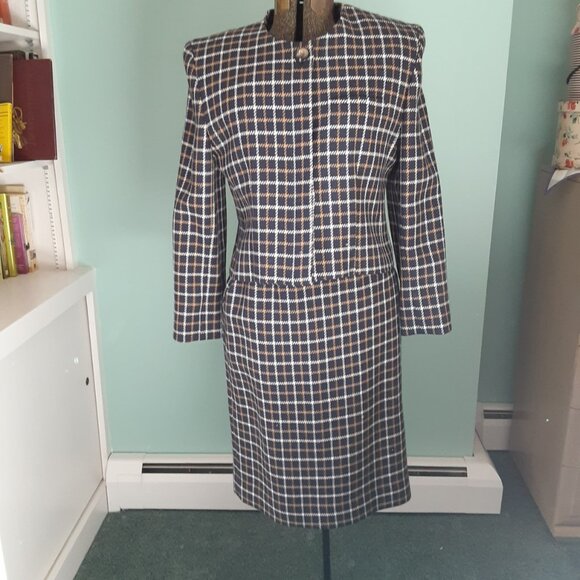 VTG 1980'S PH COLLECTIBLES LADIES WOOL BLACK, WHITE & TAN CHECK SKIRT SUIT 10P - Picture 1 of 8